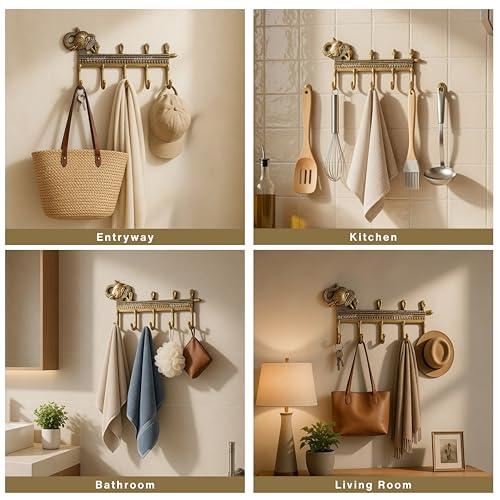 Image of BEHOMA Elephant 5 Hooks Key Holder for Wall, Aluminium, Antique Gold | Decorative Wall Mounted Key Hanger for Home Entryway, Living Room, Office, Durable Heavy Duty Key Organizer
