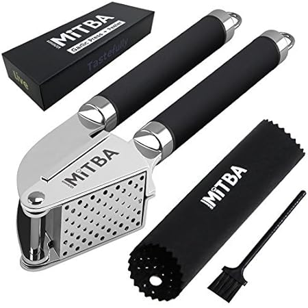 Garlic Press Best Professional Stainless Steel Gadget By MiTBA User Friendly Easy To Clean And Highly Durable. Silicone Tube Peeler Cleaning Brush Included