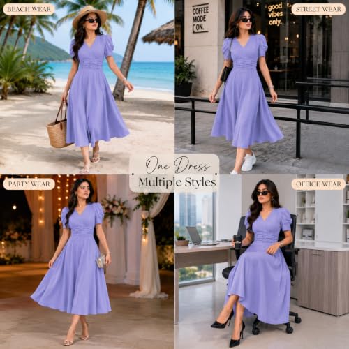 Image of Preneum Girl's & Women's Solid Color V-Neck A-Line Maxi Dress for Women | New Year Party Outfit | Waist Cinched Puff Sleeve Western | Elegant Casual Wear (Availble in Plus Size)