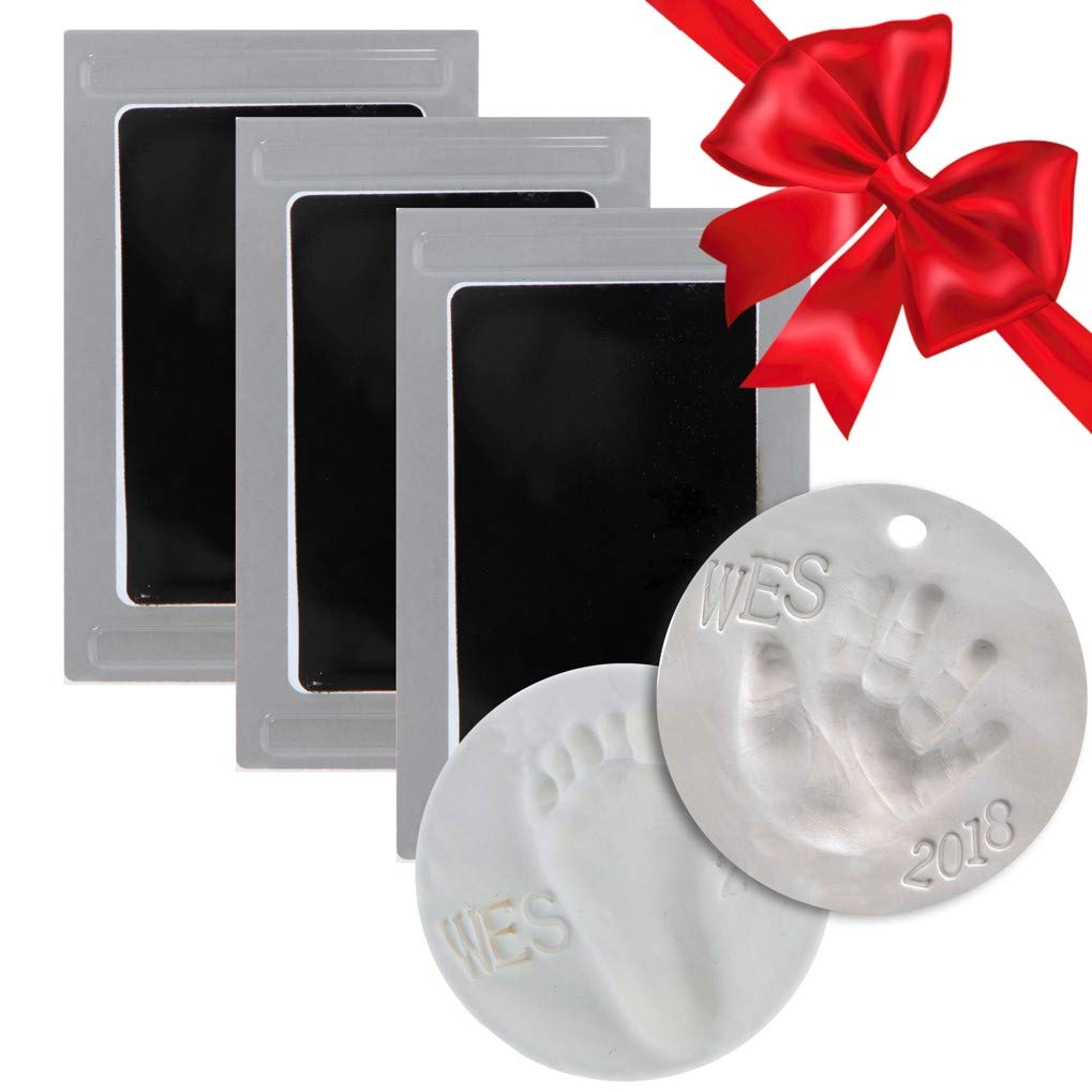 Baby Clay Ornament Keepsake Handprint Footprint Kit with Bonus 3-Pack Touch-Less Ink Transfer Pads with Baby Ink pad 100% Non-Toxic and Baby Safe.