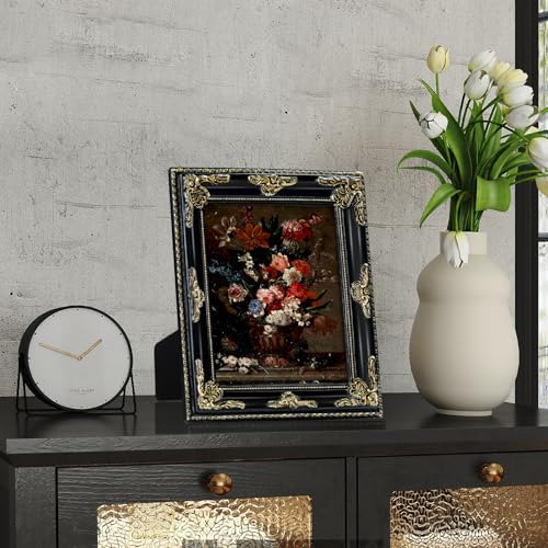 Image of 8x10 Black Vintage Picture Frame Ornate Baroque Gothic Victorian Frames with Mat for 5x7 or 8 x 10 Photos, Tabletop or Wall Display, Antique Home Decor Accent