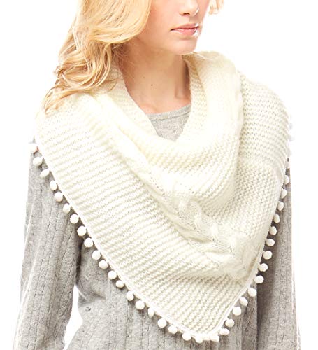 MIRMARU Women's Soft Warm Cable Knitted Loop Tube Infinity Scarf Wrap Shawl with Pom Pom Tassel2