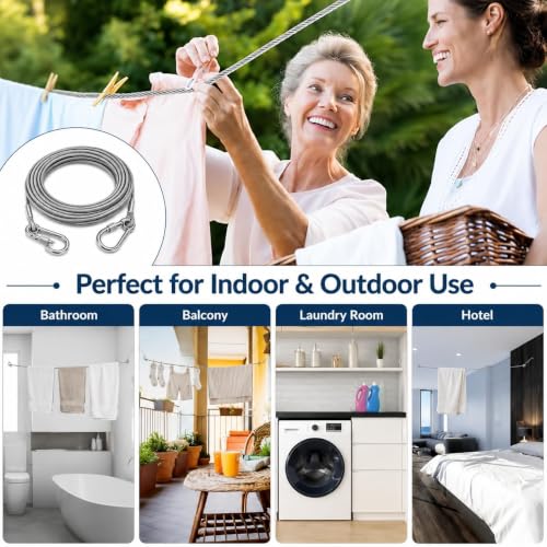 Image of 5 Metre Stainless Steel Clothesline Rope with Carabiner Hooks | Heavy-Duty Rust-Resistant Cloth Drying Wire | Strong Hanging Dori for Balcony, Bathroom, Terrace, Indoor & Outdoor Use