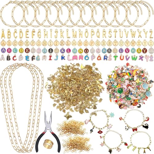 672 PCS Gold Paperclip Charm Bracelet Making Kit- Paperclip Chain Bracelets Gold Necklace Chains Alphabet Charms Complete Jewelry Making Supplies for DIY Crafting Charm Bracelet Set Beginner Gift
