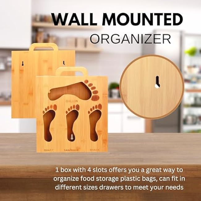 Bamboo 4 in 1 Zip Lock Bag Organizer, 12¡± Wall Mounted Kitchen Storage Organization Holder | Ziplock Bag Organizer Bundle for Kitchen Drawer