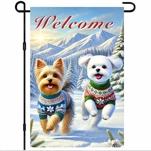 Image of BlissYard Garden Flag Dog Pair Winter 12x18 Inch Polyester