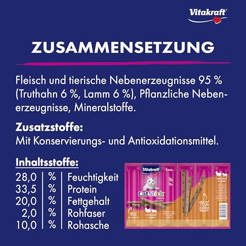 Vitakraft Cat Stick Classic, Katzensnack, fleischige Mini-Sticks, mit Truthahn und Lamm, in Vorratsgröße, ohne Zusatz von Zucker und Getreide (10x 36g)