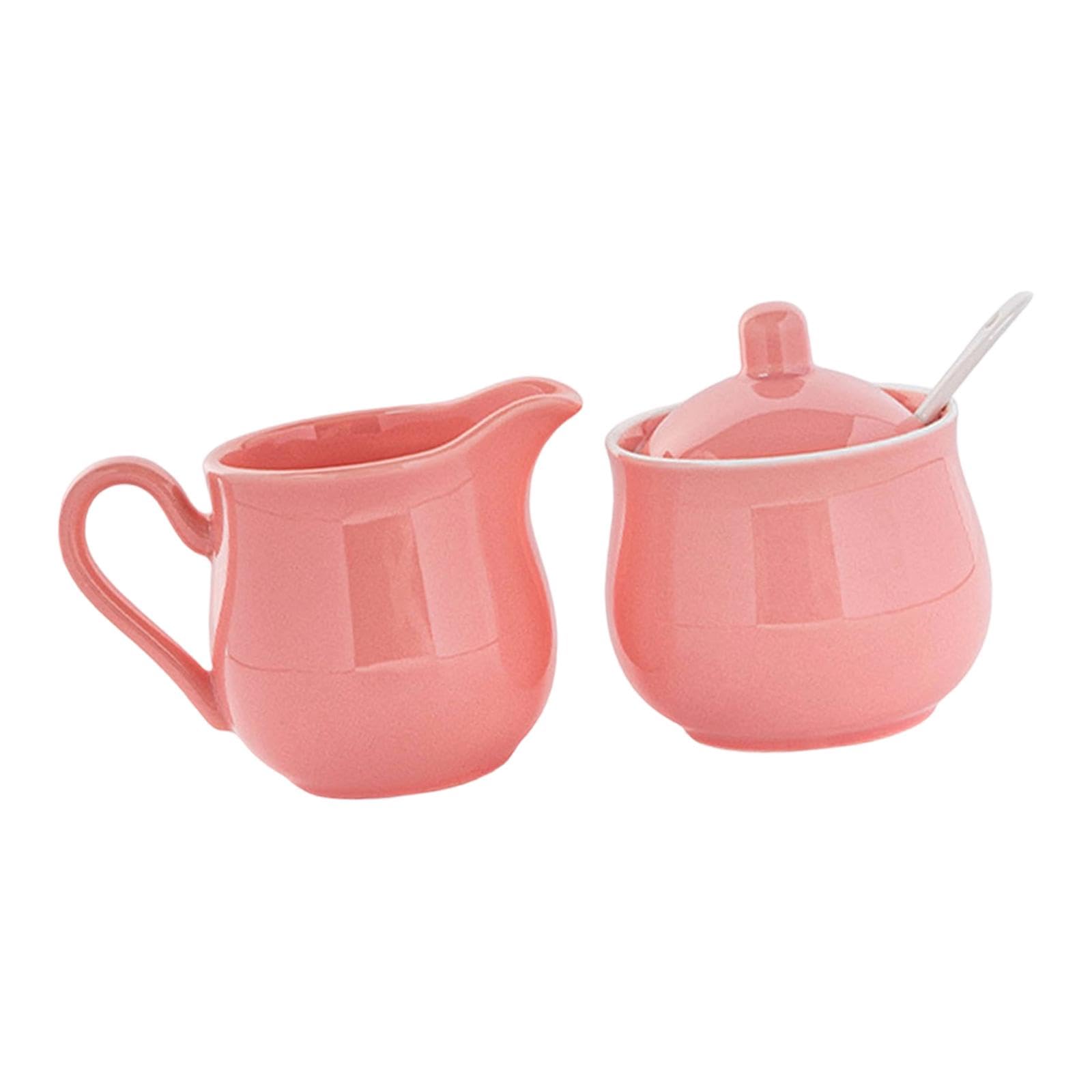 Sucrier Ensemble En Céramique Pichet à Crème Pot à Lait Boîte à Sucre avec Couvercle et Cuillère Compact Conçu pour Service Dîner Occidental D, Rose