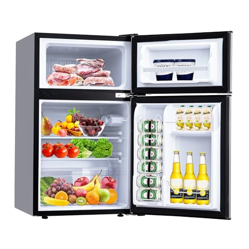 3.2 Cu. Ft 2 Door Mini Refrigerator with Freezer, Small Refrigerator Stainless Steel with Large Capacity Top Freezer, Adjustable Temperature Control, Compact Refrigerator Garage Fridge with LED Light