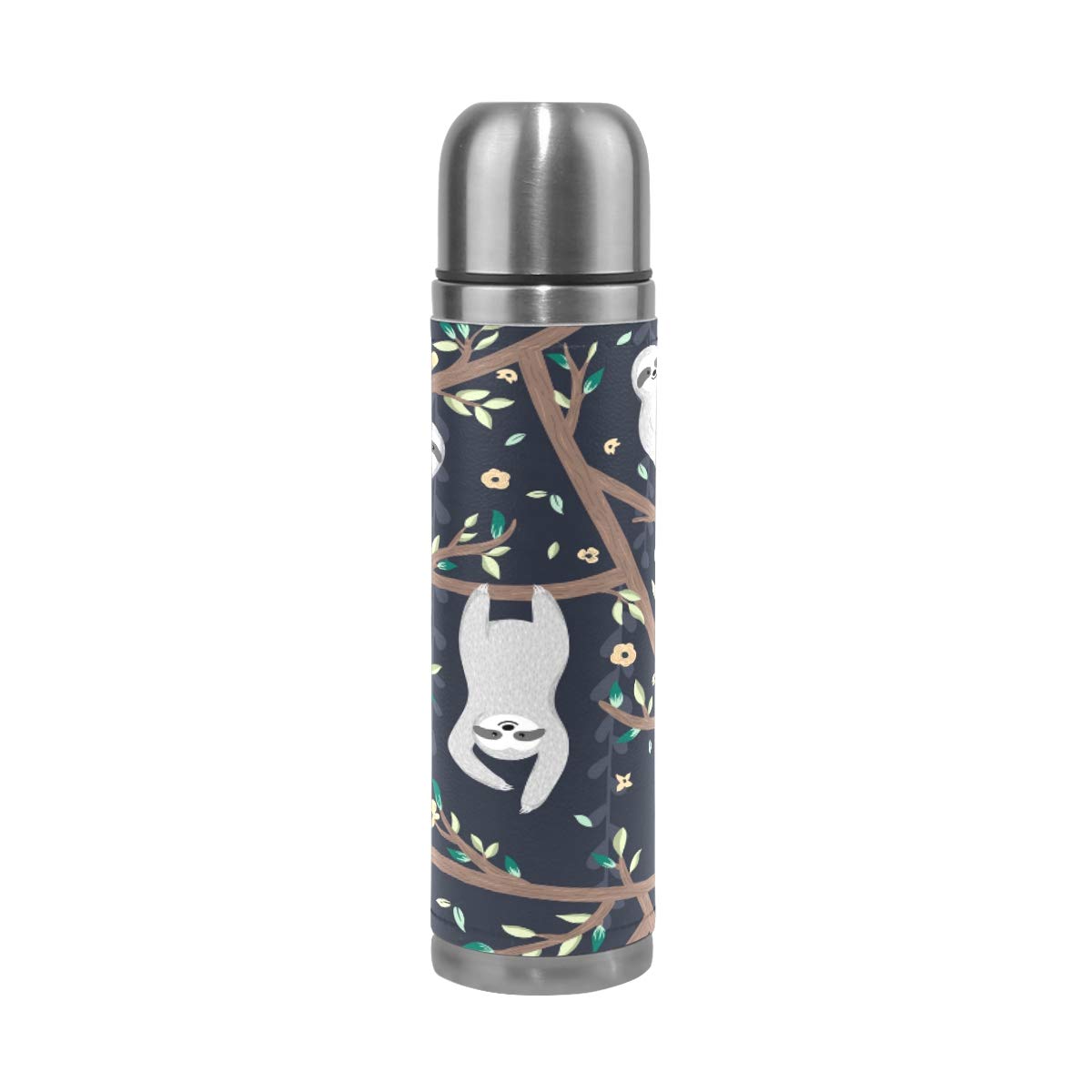 Taza de viaje aislada al vacío de acero inoxidable con doble pared a prueba de fugas, botella con diseño de árbol perezoso personalizado impreso en piel auténtica, termo de 500 ml