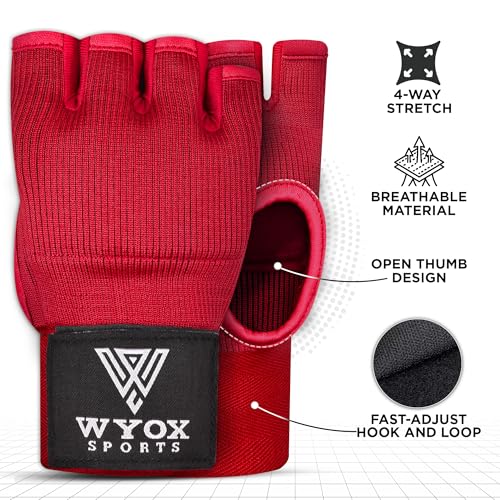 Image of WYOX Gel Boxing Hand Wraps Inner Gloves for Men & Women - 80cm /31inch Quick Wrist Strap, Padded Knuckle Support, Fingerless MMA Muay Thai Kickboxing Wraps for Training, Punching & Martial Arts
