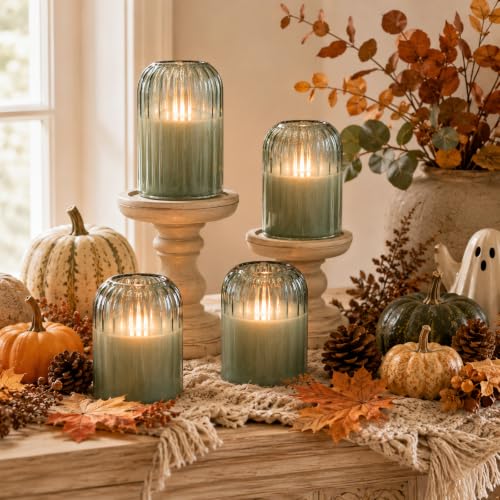 Image of Lezonic Green Glass Flameless Candles with Remote, Set of 4 Dancing Flame LED Pillar Candles, Real Wax Battery Operated Candles with 2 /4 /6 /8H Timer, Fall Halloween Thanksgiving Christmas Decor