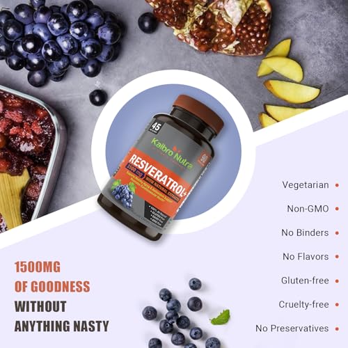 kaibro nutra resveratrol supplement 1500mg extra strength trans resveratrol quercetin with japanese knotweed extracts anti-aging radiant skin and immunity support vegan amp non-gmo 90 capsules