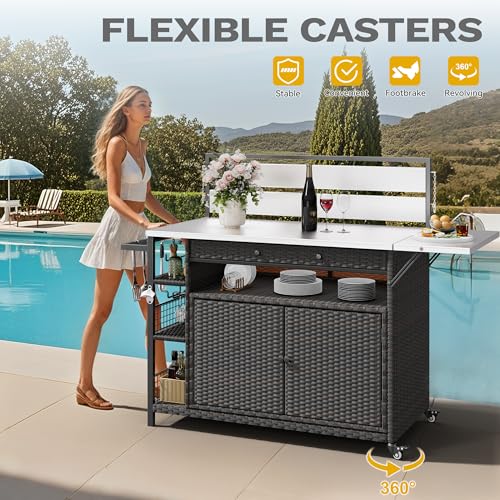 Image of DWVO XL Outdoor Bar Table & Storage Cabinet, Wheels and Stainless Steel Extended Table Top, Patio Bar Table with Side Handle for Patio Kitchen or Bar Cart, Dark Brown
