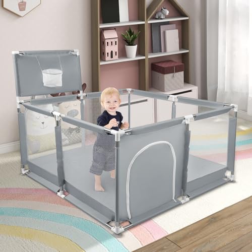 Laufstall Baby,Laufstall baby faltbar für Babys mit weichem,Baby Laufstalls mit Reißverschlusstür,Kinder laufgitter,inklusive 50 Bällen,4 X Zugringen,Leicht zu Reinigen (126x126x66cm Dunkelgrau)