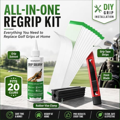 Goashpeaot Golf Grip Solvent and Golf Club Regripping Kit, Grip Installation Supplies with Double-Sided Grip Tape, Hook Blade and Rubber Vise Clamp, Multiple Pack Options