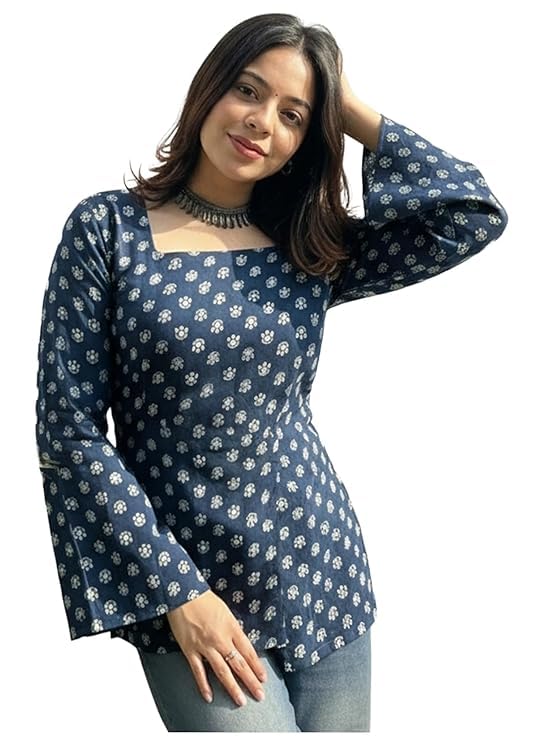 Image of ANNI Designer Women's Viscose Blend Printed Short Kurti | Straight Fit Ethnic Top with Square Neck | Bell Sleeve Indian Kurta for Office College, Party