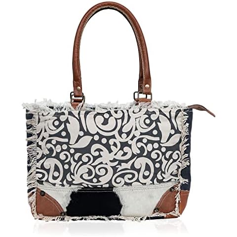 Upcycled Canvas & Leather Shoulder Bag Tote Crossbody Purse Leather Tote Bag Classic Canvas Tote, White and Grey, S Cover