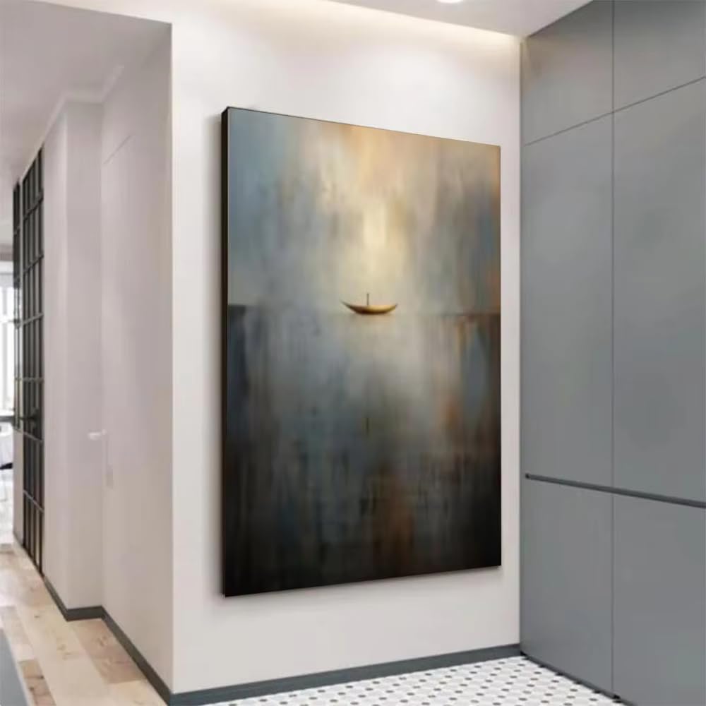 AEFOUU Wall Art Canvas Picture Print Large Abstract Canvas Painting Grey Gold Ship Wall Art Original Home Decor Picture(60x80cm/24x32in/Frameless)