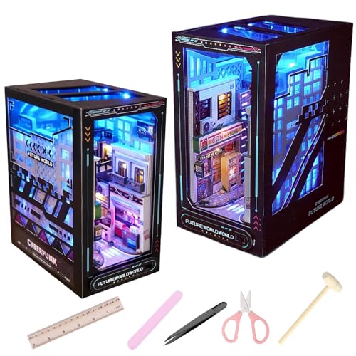 DIY Book Nook Cyberpunk Street View Multicolour Dollhouse LED Difficult Assembling 3D Puzzle (Future World)