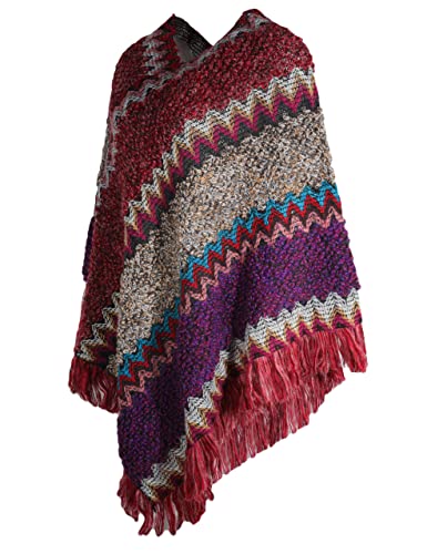 ZLYC Women's Vintage Fringe Pullover Shawl Striped Wrap Poncho Cape2