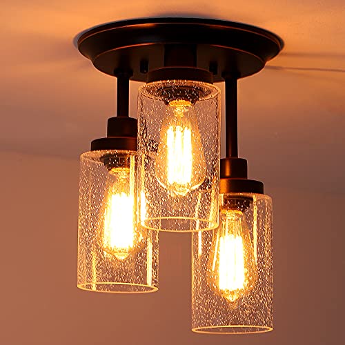 Super Big Clearance! Semi Flush Mount Ceiling Light, Farmhouse 3-Light Vintage Close to Ceiling Lighting Fixtures with Seeded Glass Shades for Kitchen, Entryway, Hallway, Dinning Room, Bedroom, E26 Base
