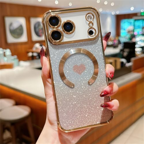 iphone17pro 用ケース magsafe対応 メッキ 透明 ハート キラキラ ワイヤレス充電 アイフォ17pro 車用マグネット式吸引器 黄ばみ防止 持ちやすい 指紋防止 すべらない いphone17pro用 ケース 落下防止の四隅
