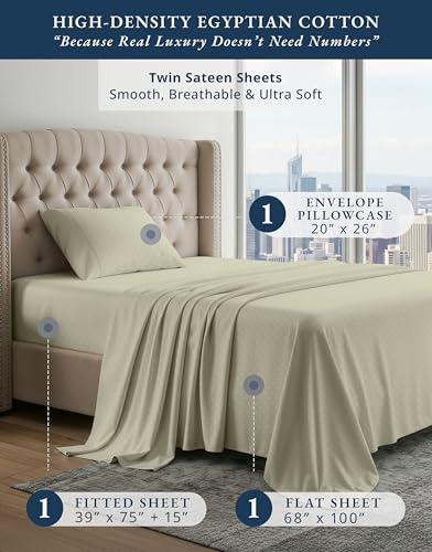 Image of LANE LINEN 100% Cotton Twin Sheets 100% Egyptian Cotton Sateen - Linen | Twin Mattress Sheets - 3-Piece Set, Ideal For Dorms And Guest Beds, For A Luxurious Night's Sleep, Luxe Sheen,