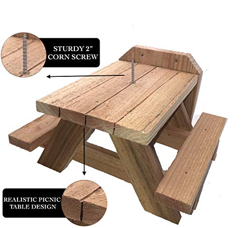 Squirrel Picnic Table Feeder - Entertaining Squirrel Bench for Fence or Tree | Made in USA with Premium Cedar | Works with Corn Cob or Apples | Hanging Mini Picnic Table for Squirrels Easy to Install