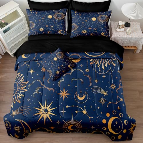 Dreamwaka Sun and Moon Full Size Bed in a Bag Blue Galaxy Bedding Set Mysterious Space Home Decor Galaxy Star Down Comforter Set Black Sheet Set 8 Pcs Soft Microfiber for Kids Adults