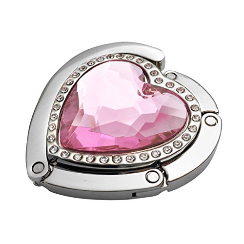Reizteko Purse Hook, Rhinestone Heart Love Foldable Handbag Purse Hanger Hook Holder for Tables (Pink)