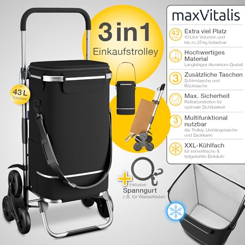 maxVitalis Einkaufstrolley Treppensteiger mit XXL Kühlfach, Einkaufsroller klappbar, Shopping Trolley höhenverstellbar, Reflektoren, abnehmbare Tasche 43 L, Hackenporsche (Treppensteiger-Trolley Cool) – Bild 4