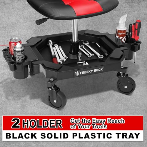 Image of Rolling Stool with Wheels, Adjustable Height Pneumatic Garage Work Mechanic Stool Seat with Backrest, 400 LBS Capacity 360 Swivel Mechanic Crepper Chair with Tool Tray Storage, Red