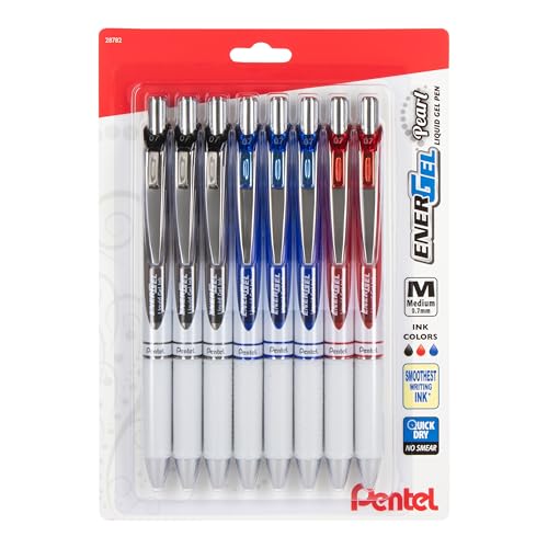 Stylos à encre gel rétractables EnerGel Pearl lot de 8 stylos bleus noirs rouges