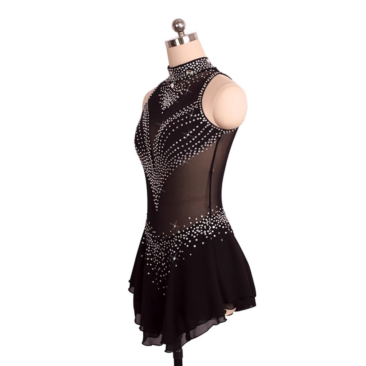 Vestido de Danza Patinaje Hielo para Mujer Maillot de Danza Maillot de Danza Moderna con Pedrerías Brillantes Leotardo de Baile sin Mangas Disfraz Bailarina,Negro,M