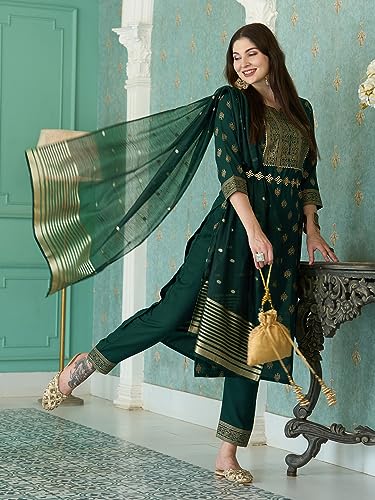 Image of GoSriKi Women's Cotton Blend Printed Straight Kurta with Pant & Dupatta