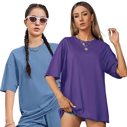 Image of London Hills Women's Cotton Loose Casual Round Neck Solid, Drop Shoulder T-Shirt Pack of 2