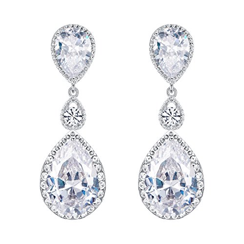 EVER FAITH Wedding Dangler Clear CZ December Birthstone Teardrop Banquet Prom Pierced Earrings Silver-Tone