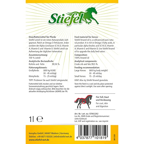 Stiefel Leinöl für Pferde, 100% naturreines Öl, kaltgepresst, kann den Fellwechsel, die Verdauuung & Haut unterstützen, flüssig mit Dosierflasche, 1l