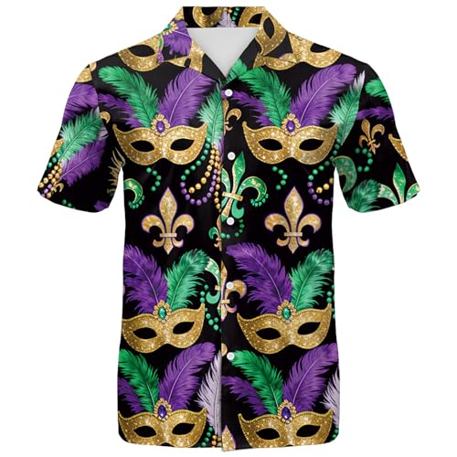 Eciodci Mens Mardi Gras Shirt 3D Printed Gold Mask Fleur De Lis Carnival Party Casual Short Sleeve Hawaiian Button Up Shirts