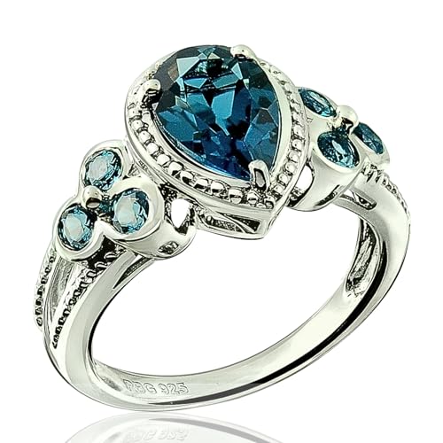 Image of 925 Sterling Silver Ring Genuine Gems Pear Shape 9x6 mm with Bezel-set Accented Gems, Rhodium-Plated Finish