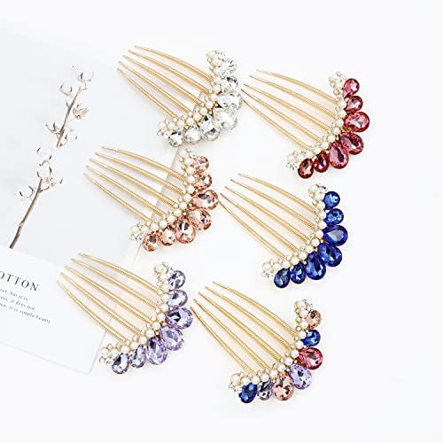 6 Pack Luxury Jeweled Gems Crystal Pearl Rhinestone Sparkly Glitter Metal Side French Twist Hair Combs With Long Teeth Slide Hairpins Barrettes Bun Chignon Thick Hair Holder Accessories For Women Girl #TOP6