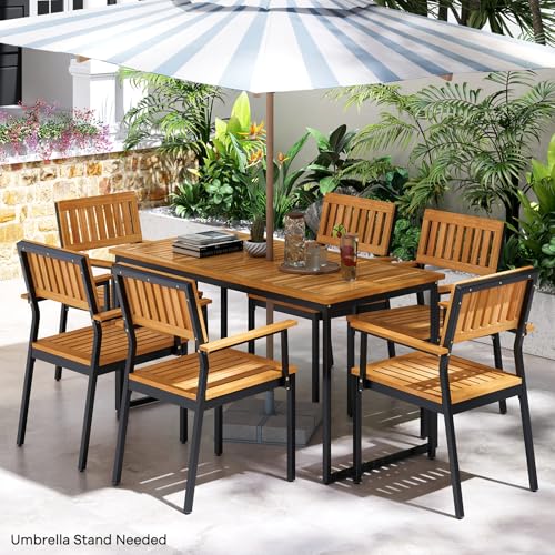 Tangkula 7 Piece Outdoor Dining Set for 6, Acacia Wood Rectangular Dining Table & 6 Armchairs w/Metal Frame, Umbrella Hole, Farmhouse Dining Furniture Set for Garden Porch Poolside Yard