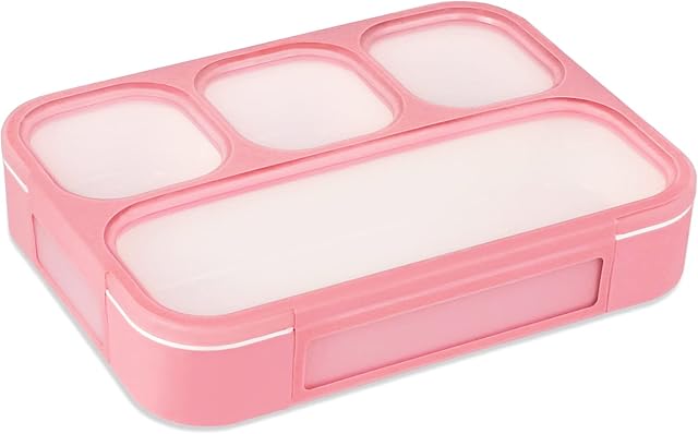 Kisstta Pink Bento Box for Kids, Leak Proof & 4 Compartment Bento Box with Accessories, Mess-Free Portion Bento Snack Box/Lunch Container for Boys&Girls, Microwave/Dishwasher Safe Bento Box