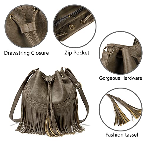 Gladdon Leather Bucket Bags For Women Crossbody Fringe Purses With Drawstring Ladies Tassel Hobo And Shoulder Handbags Grey thumb #4