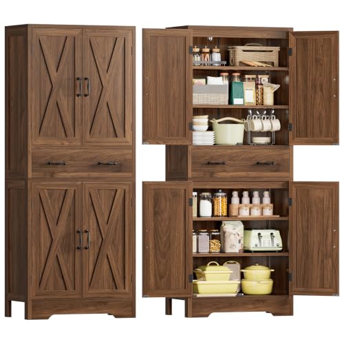Image of TEENFON Tall Storage Cabinet with 2 Adjustable Shelves & 1 Large Drawer, Kitchen Pantry Cabinet with 4 Doors, Bathroom Storage Cabinets, for Living Room, Kitchen, Bathroom, Walnut
