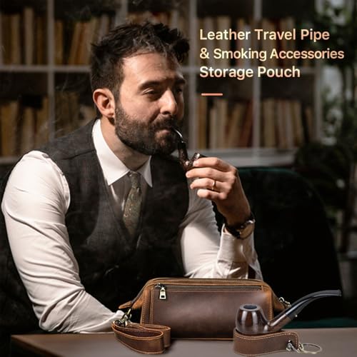 Travel Tobacco Pipe Pouch with Pipe Stand Full Grain Leather Smoking Pipe Accessories Organizer for 2 Pipes, Lighter, Cigarette - Image 3