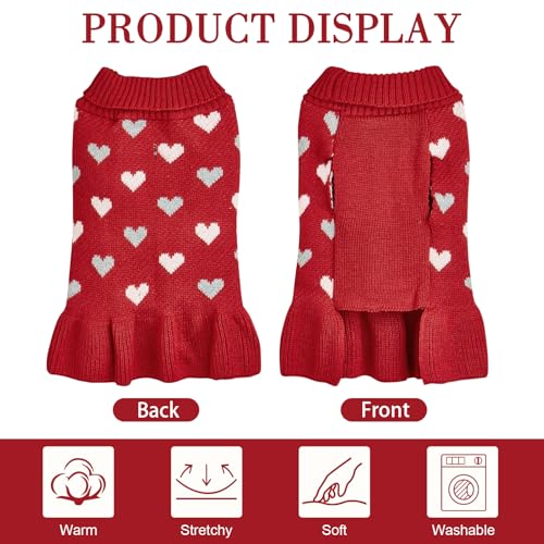 Yaopelky Small Dog Jumper Dress with Heart Pattern Valentine’s Day Puppy Sweaters Knitted Turtleneck Pet Outfits Warm Dog Clothes for Small Dogs Cats (Red - Image 3