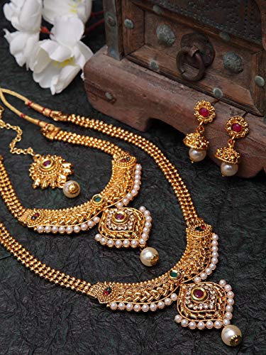 Shining Diva Fashion 18k Gold Plated Long Short Necklace Combo Stylish Traditional Pearl Jewellery Set for Women - Image 4