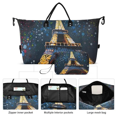 Large Travel Duffel Bag, Dots Colorful Eiffel Tower Sport Tote Gym Bag, Shoulder Weekender Overnight Bag for Women Men, Carry On Luggage with Toiletry Bag2